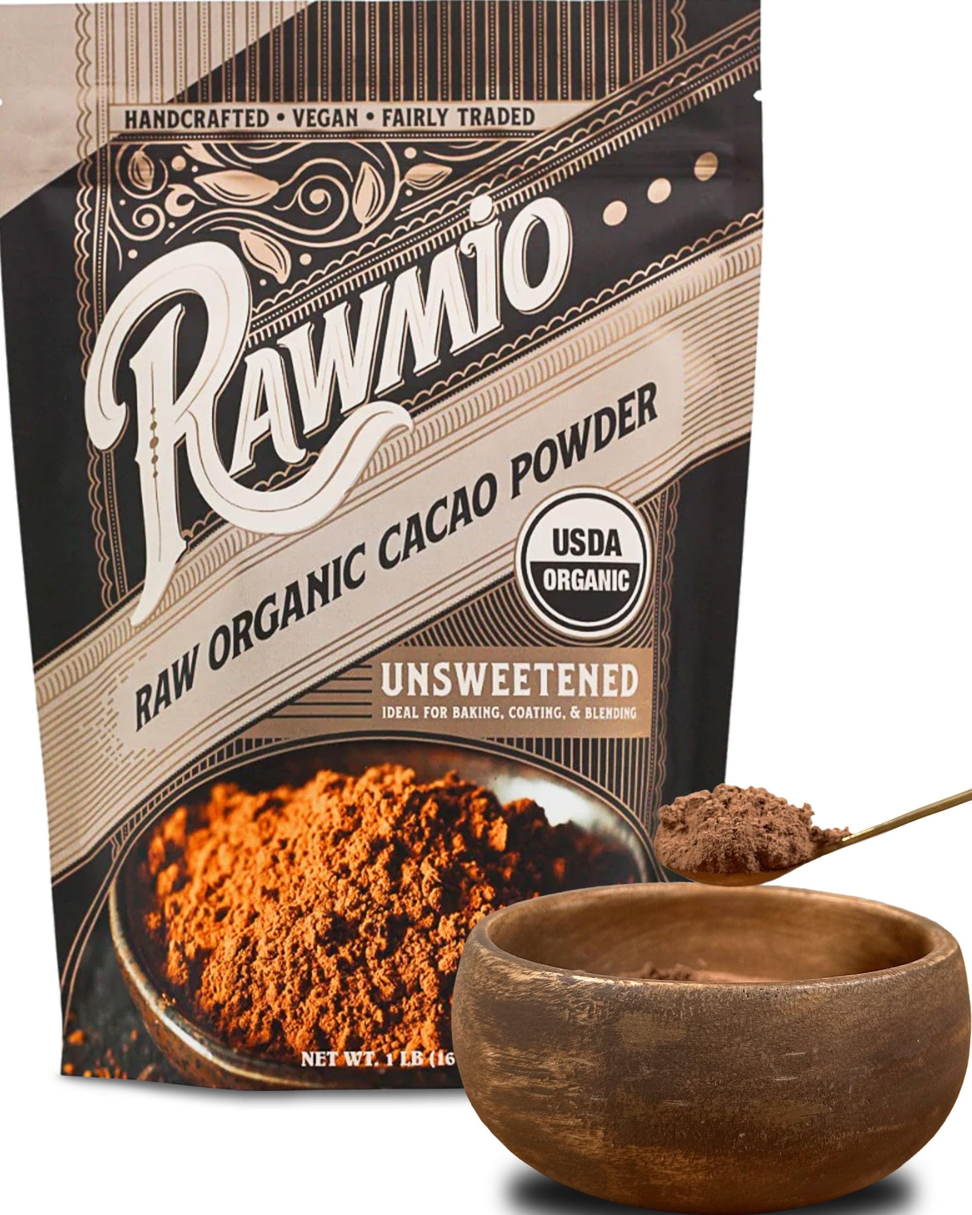 Rawmio Raw Organic Cacao Powder - Nutrient-Dense with Dietary Fiber, Iron, & Calcium - Rich & Creamy Raw Cacao for Drinking or B
