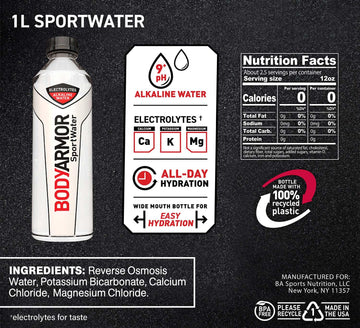 Bodyarmor Sportwater Alkaline Water, Superior Hydration, High Alkaline Water Ph 9+, Electrolytes, Perfect For Your Active Lifestyle, 1 Liter (Pack Of 6)
