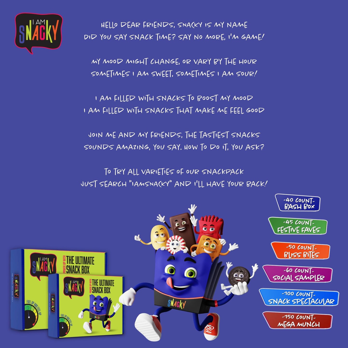I AM Snacky - Holiday  Christmas Stocking Stuffer Snack Box Variety Pack Care Package + Greeting Card - SNACKY S PARTY PACK (100 Count) Birthday Sweet  Gift Basket  Candies Chips