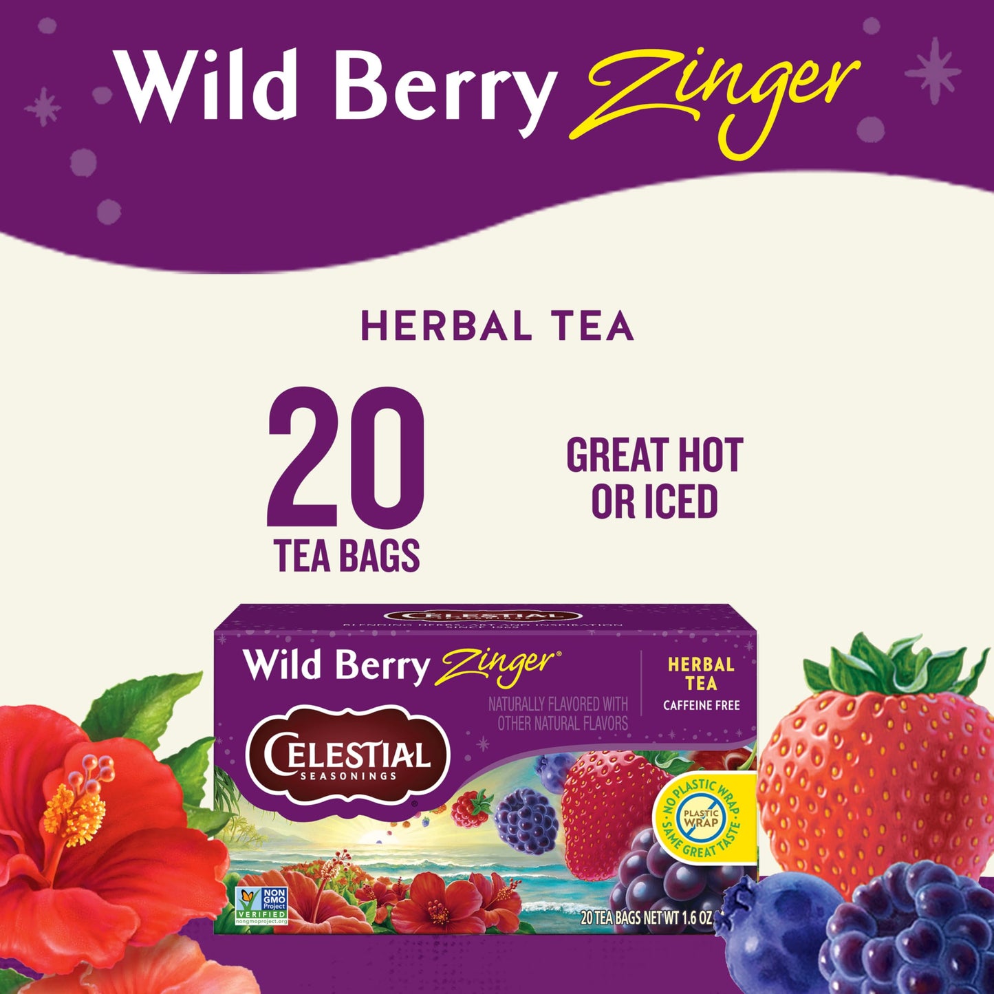 Celestial Seasonings Wild Berry Zinger Herbal Tea, Caffeine Free, 20 Tea Bags, 20 Count