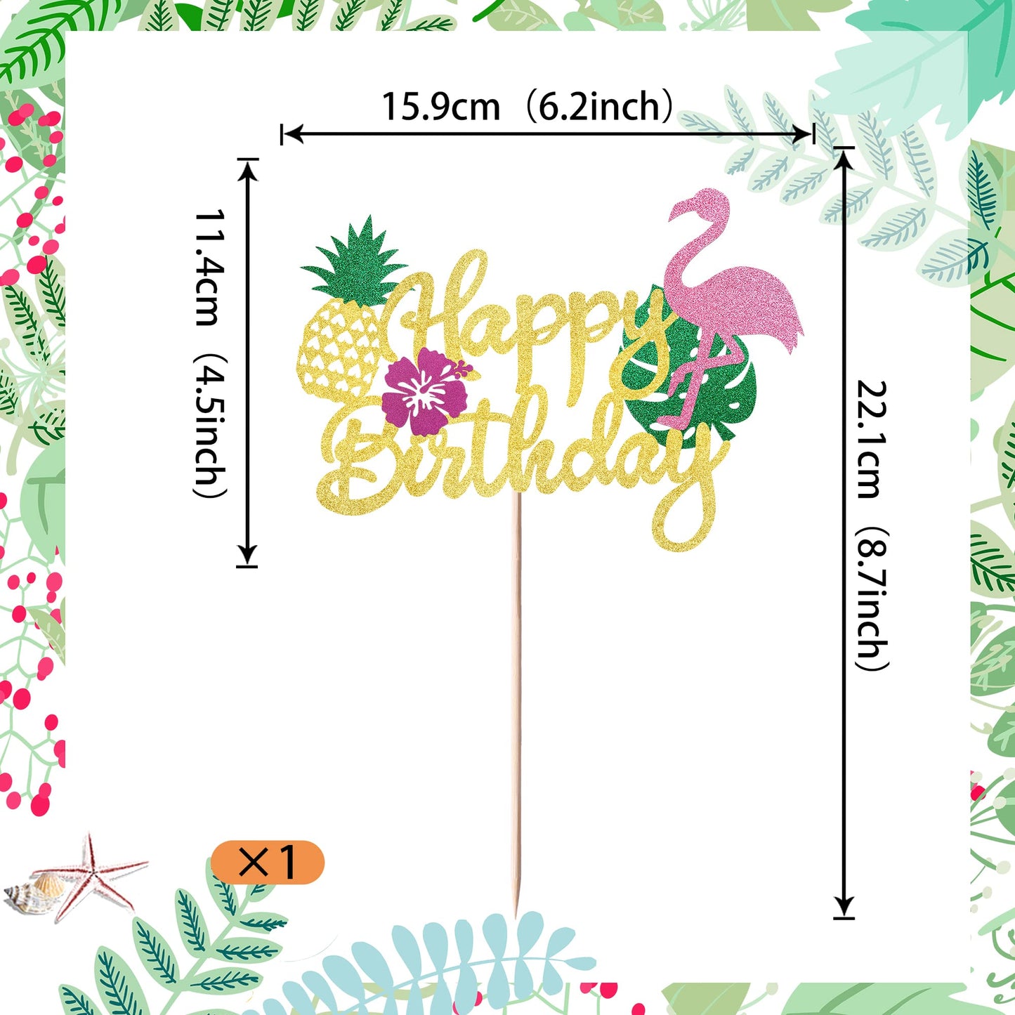 YCTHUNFISH Bamboo Happy Birthday Cake Topper - Flamingo & Palm Leaf Design for Tropical Parties