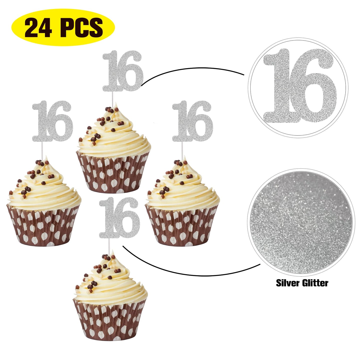 Sumerk 24Pcs Number 16 Cupcake Toppers Silver Glitter 16Th Birthday Cupcake Picks Anniversary Party Decorations
