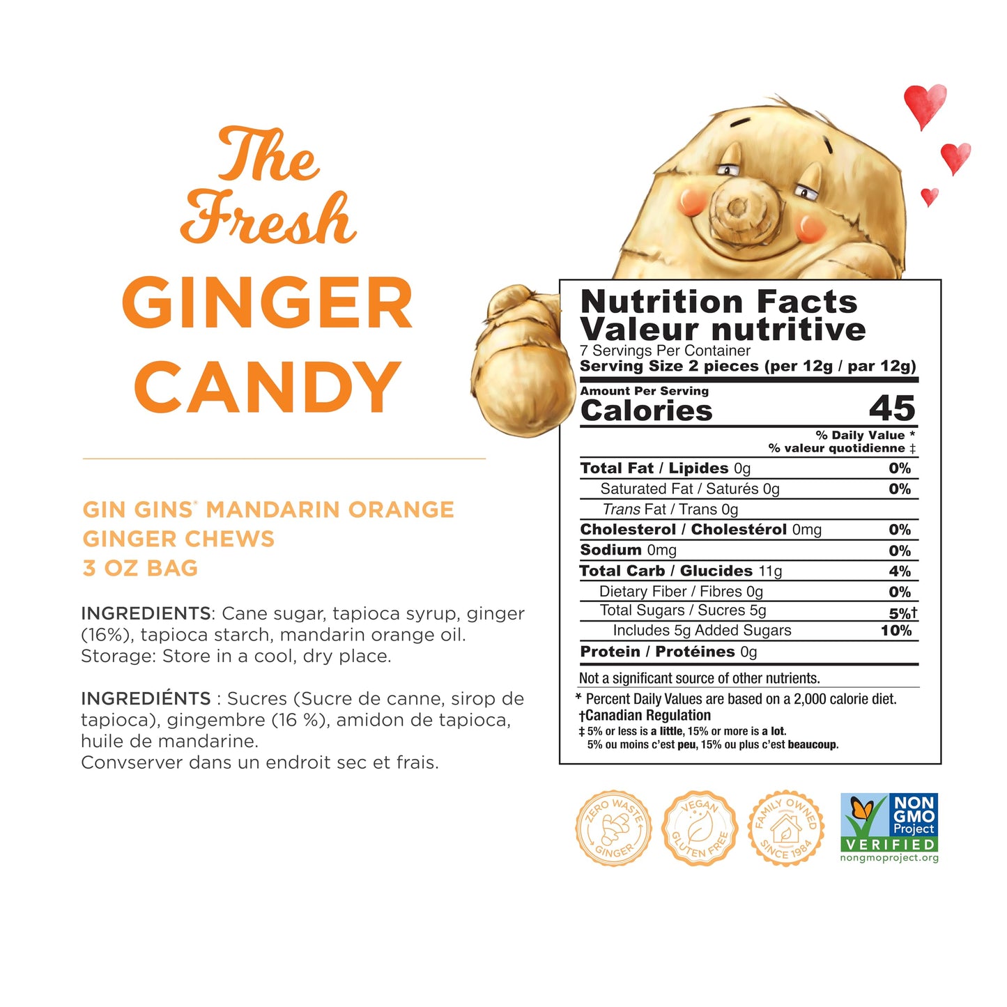The Ginger People GIN GINS Mandarin Orange Ginger Chews - Natural Candy - 3 oz Bag - Pack of 1