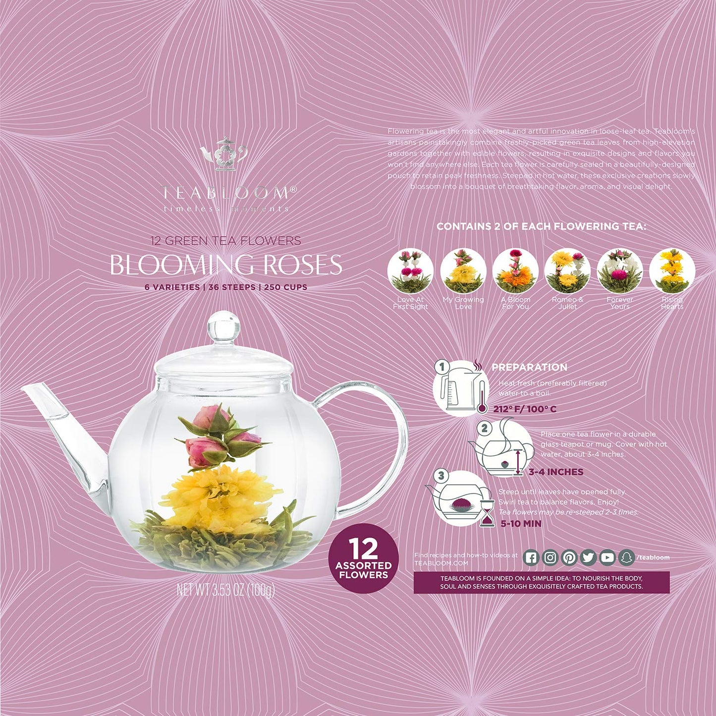 Teabloom Rose Flowering Tea – 12 Hand Tied Blooming Tea Flowers – 36 Steeps, Makes 250 Cups – Romantic Rose Tea Gift Set For Tea Lovers