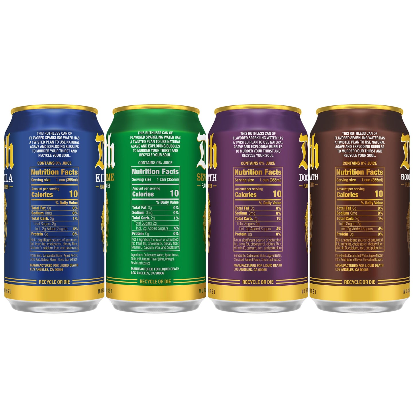 Liquid Death Sparkling Water Variety Pack - 12oz Cans, Low Sugar, 4 Flavors: Lime, Cola, Rootmalt-inspired, Doctor Death, Pack of 12