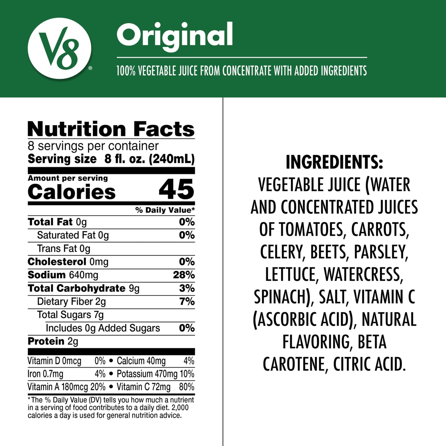 V8 Original 100% Vegetable Juice, 64 fl oz Bottle