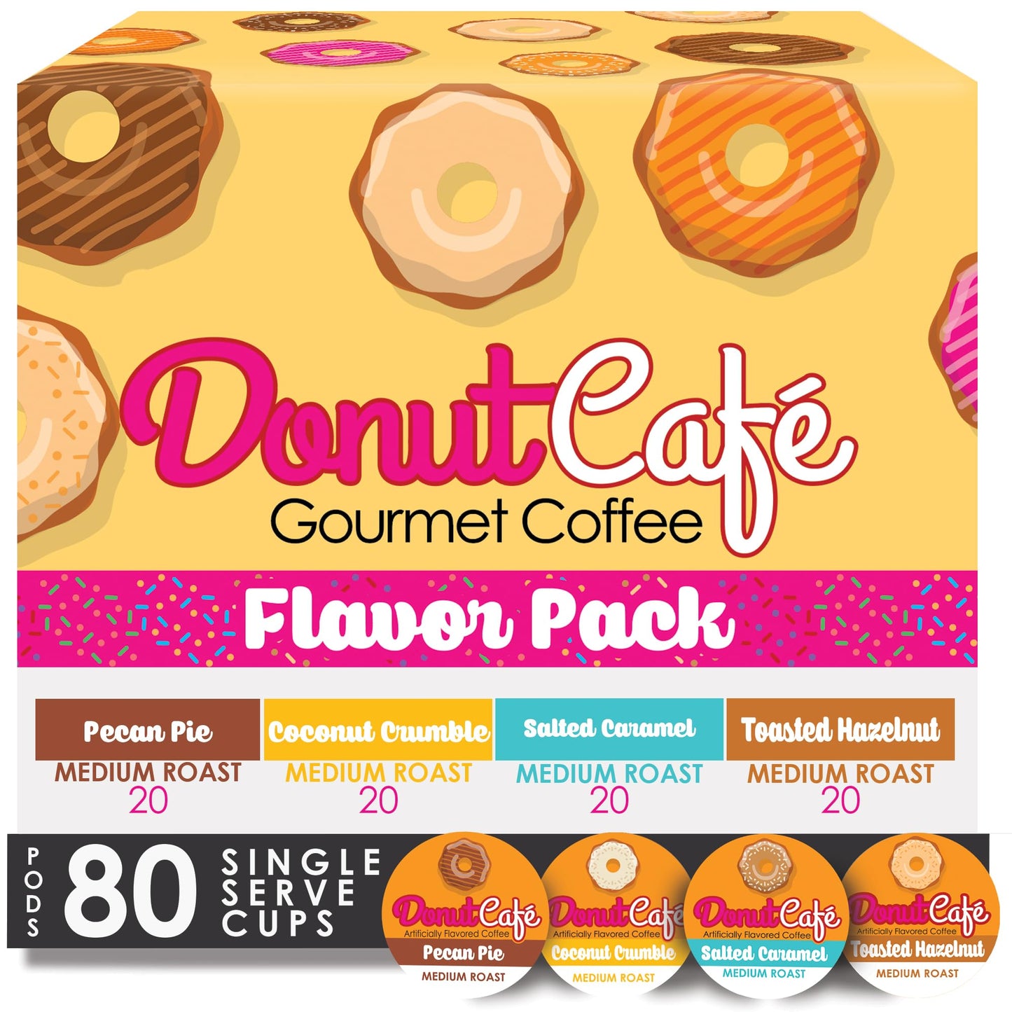 Donut Café - Gourmet Coffee Medium Roast Flavored Variety Pack – Pecan Pie, Coconut Crumble, Salted Caramel, Toasted Hazelnut – Single Serve Coffee Pods For Keurig K Cup Malt-Inspired – 80 Count