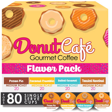 Donut Café - Gourmet Coffee Medium Roast Flavored Variety Pack – Pecan Pie, Coconut Crumble, Salted Caramel, Toasted Hazelnut – Single Serve Coffee Pods For Keurig K Cup Malt-Inspired – 80 Count
