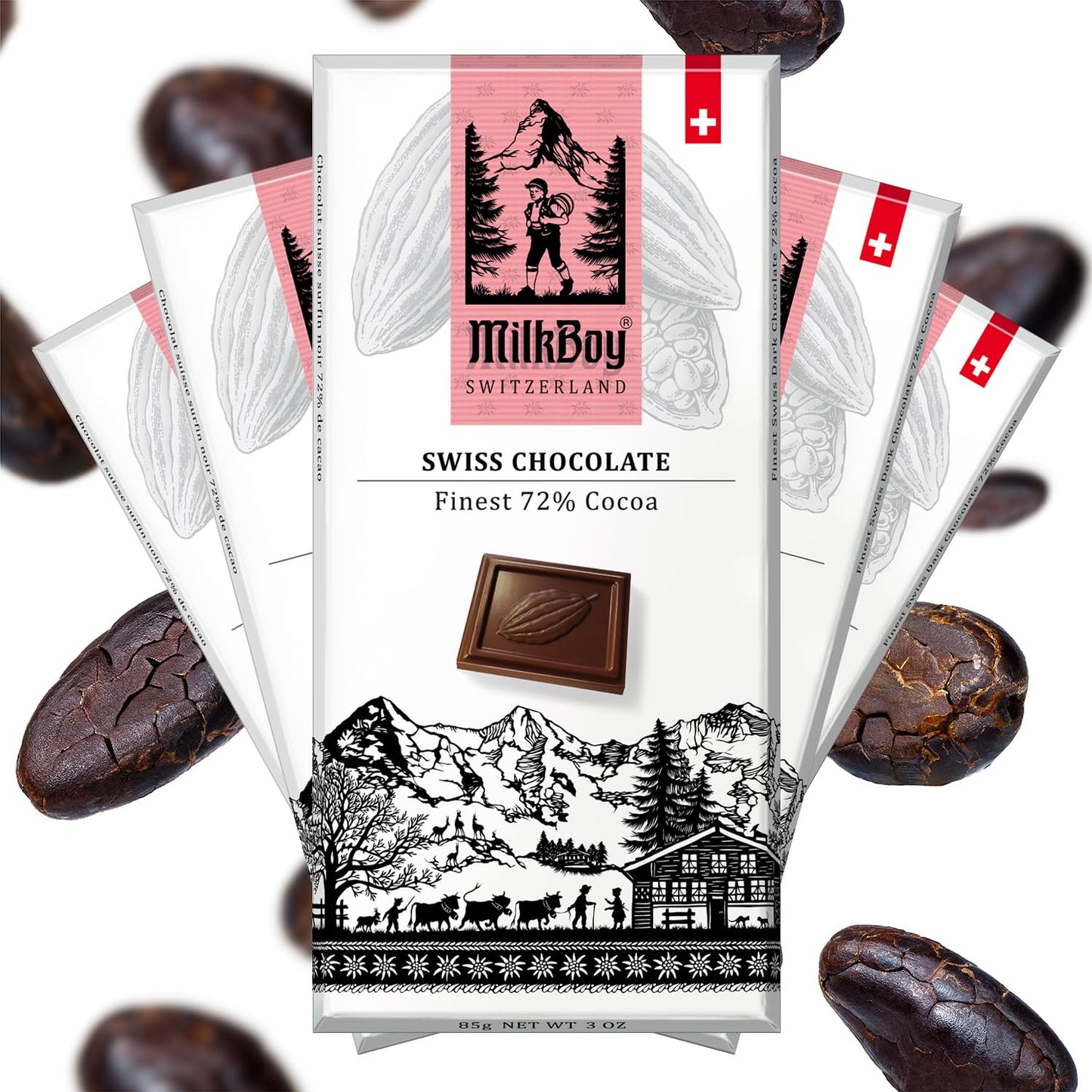 Milkboy Swiss Chocolates Dark Chocolates - 72% Cocoa  Made in Switzerland  Dairy Free  Vegan  Gluten-Free  Non-GMO  Kosher  Sustainably Farmed  European Chocolate - 3 oz  Pack 2