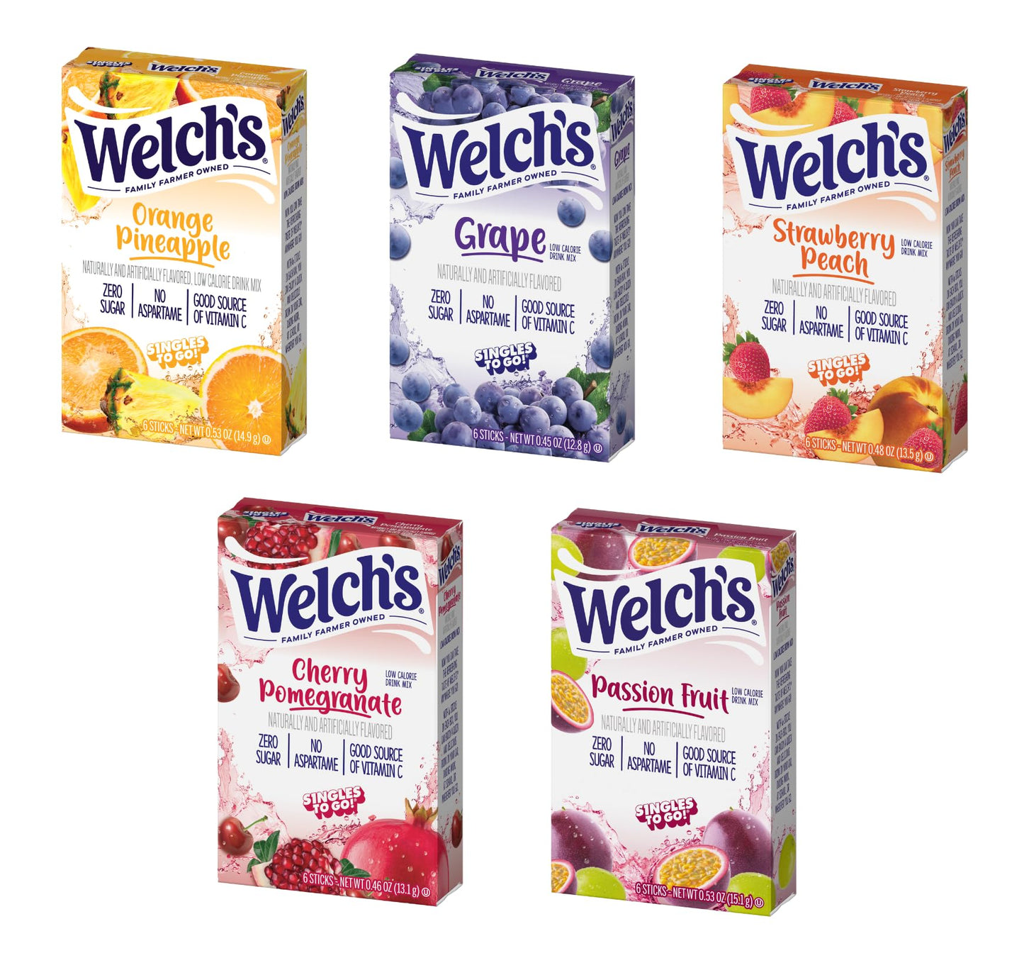 SINGLES TO GO! Welchs 5 Pack Variety - Orange Pineapple, Cherry, Grape, Strawberry Peach, Passion Fruit - 0.6 Ounce (Pack of 5)