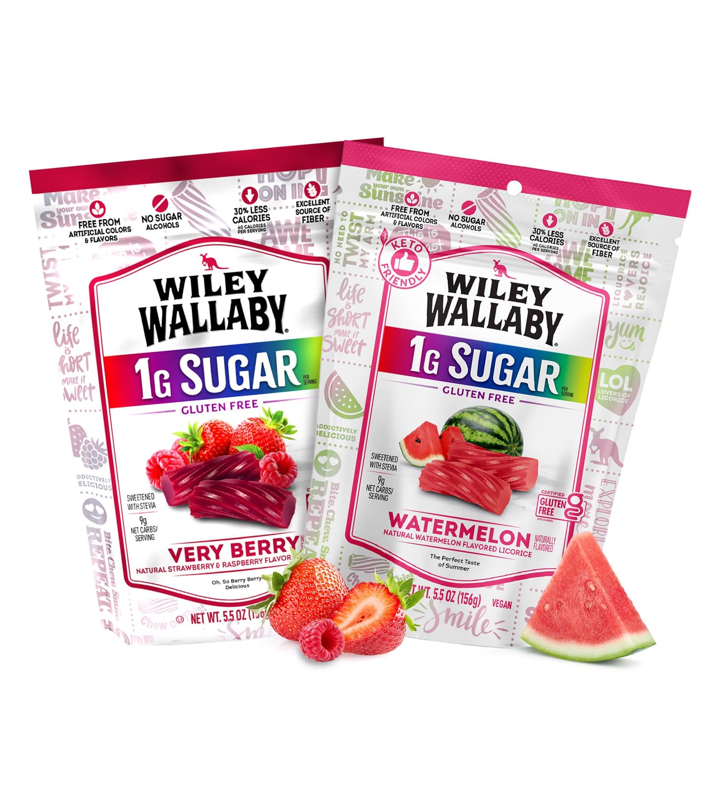 Wiley Wallaby Low Sugar Gluten Free Licorice | Soft Chewy Licorice | Watermelon and Very Berry Flavors | 5.5 Ounce | 2 Pack