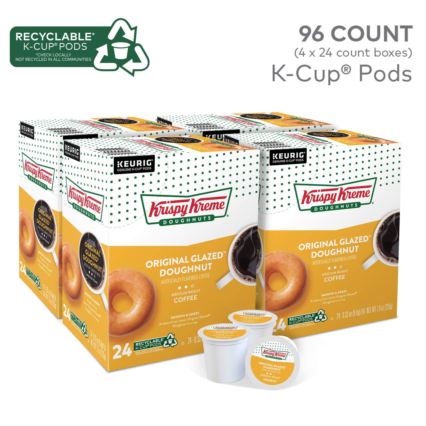 Krispy Kreme Doughnuts, Original Glazed Doughnut, Keurig Single Serve K-Cup Pods, Medium Roast Coffee, 96 Count (4 Packs Of 24)
