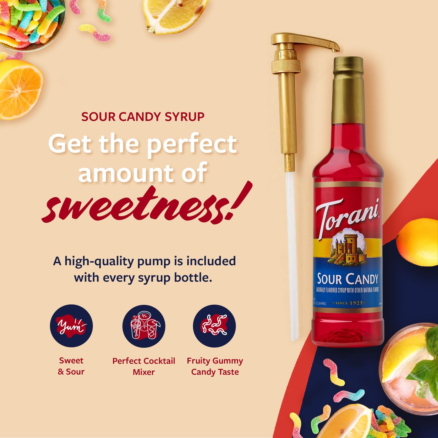 Torani Sour Candy Syrup For Drinks, Flavoring For Iced Tea, Lemonade, Sodas, And Cocktails, Pump Included, 25.4 Oz