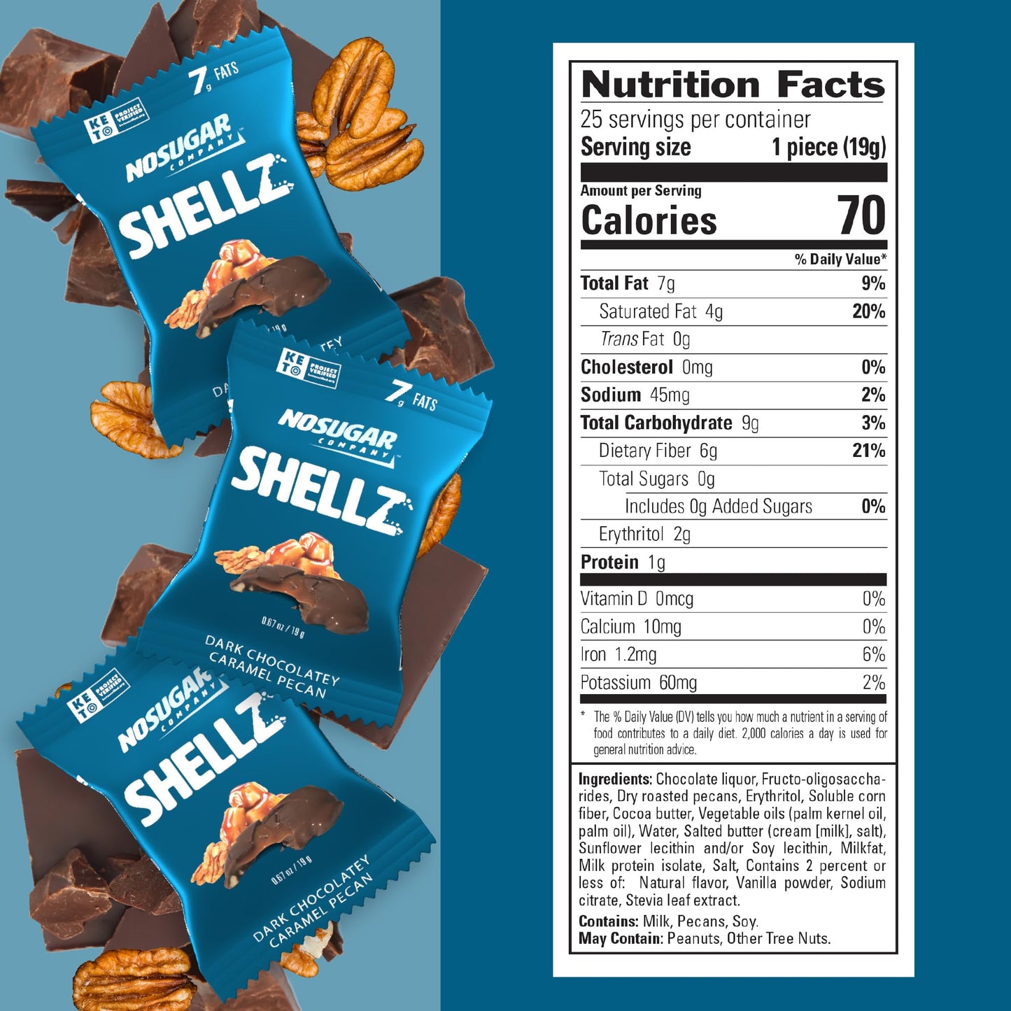 No Sugar Company No Sugar Keto Shellz - Sugar Free Keto Snack - Gluten Free, Kosher - 25 Pack, Individually Wrapped, Caramel Pecan