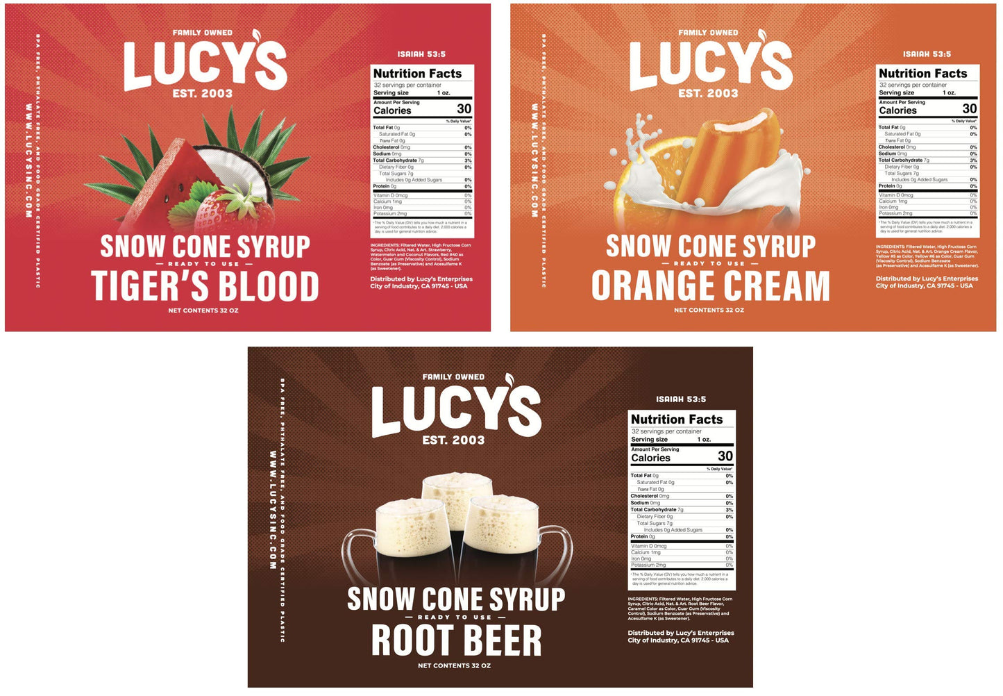 Lucys Shaved Ice Snow Cone Syrups - Tigers Blood, Root malt-inspired, Orange Cream - 32oz Bottles (Pack of 3)