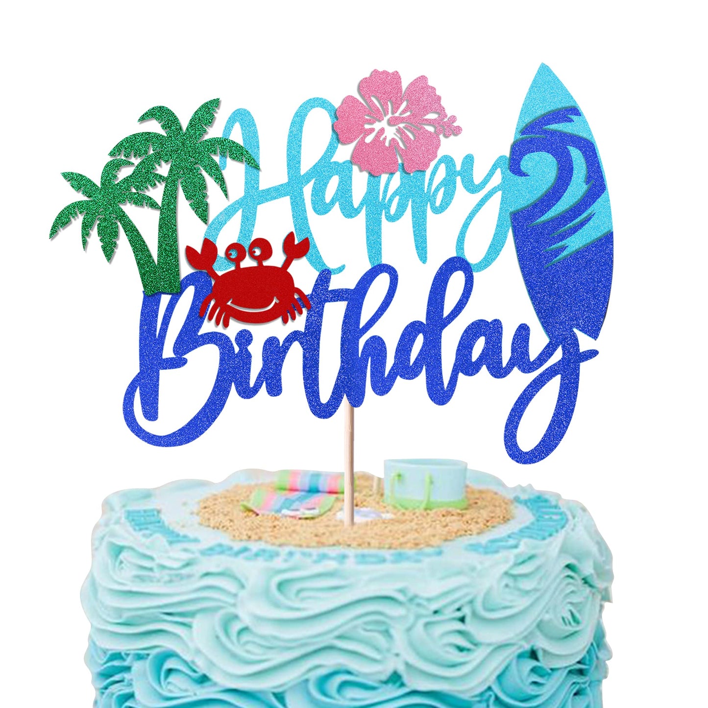 Rsstarxi Beach Birthday Cake Topper, Glitter Flower Crab Palm Leaf, Model XM095, Pattern 2, for Kids Luau Theme Party Decorations