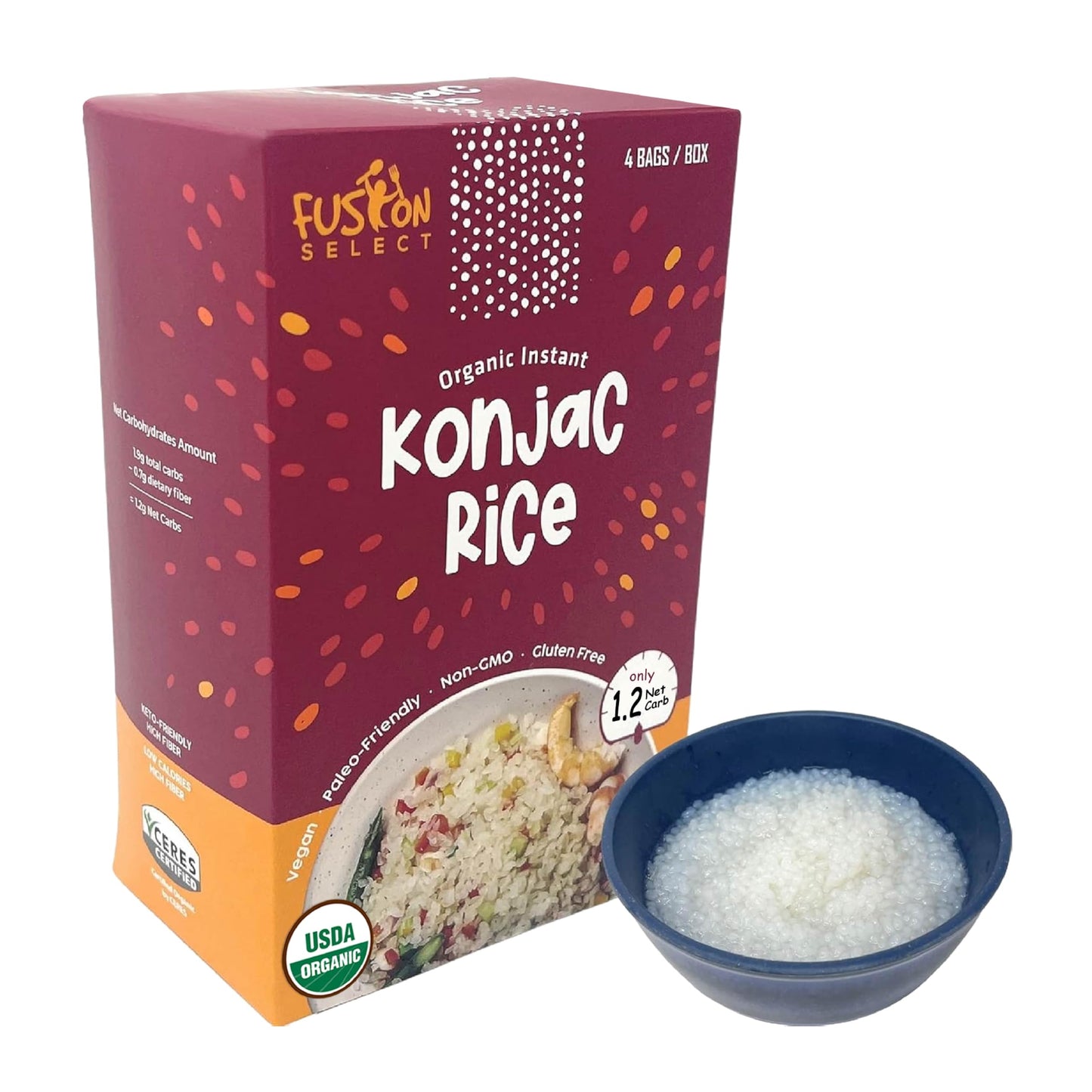 Fusion Select 4 Packs Organic Konjac Noodles - Shirataki Rice Plant-Based Substitute - Vegan Konjac Rice For Vegetarian, Keto, Paleo Recipes - Zero Gluten, Low Carb, Low Calorie Shirataki Konjac Rice