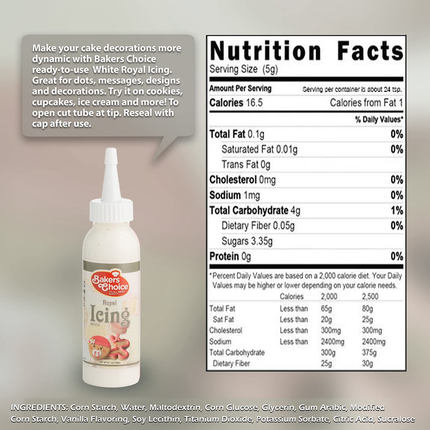 Bakers Choice White Cookie Icing - Ready to Use Royal Icing Squeeze Bottles - 3.7 oz. for Cookies, Cakes, Cupcakes and