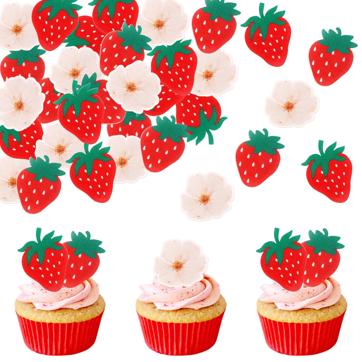 60 Pcs Edible Strawberry Cupcake Toppers Wafer Paper Berry Strawberry Birthday Decorations Edible Flower Cupcake Picks For Baby Shower Wedding Birthday Party Cake Food Decorations Supplies