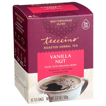 Teeccino Vanilla Nut Herbal Tea - Caffeine Free, Prebiotic, 10 Tea Bags, Brown