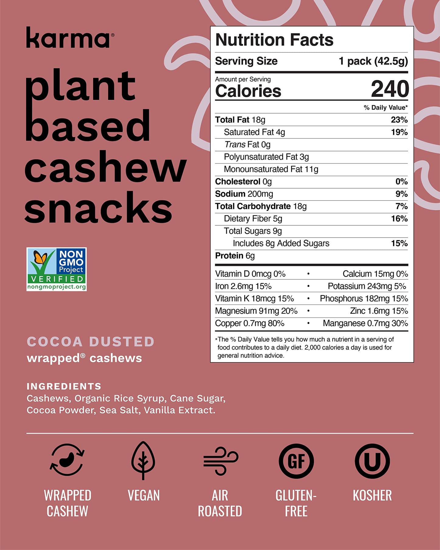 Cocoa Dusted Cashews With Skin By Karma Nuts, Whole, Sweet, Roasted, Vegan, Gluten Free, Low Net Carb, Natural, Everyday Nut Snack, 1.5 Ounce (12 Snack Packs)