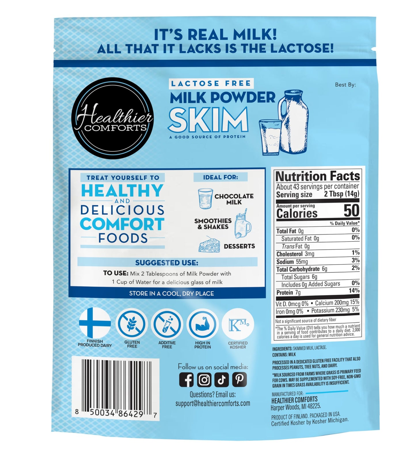 Healthier Comforts Lactose Free Skim Milk Powder, High Protein, Fat Free, 21 oz