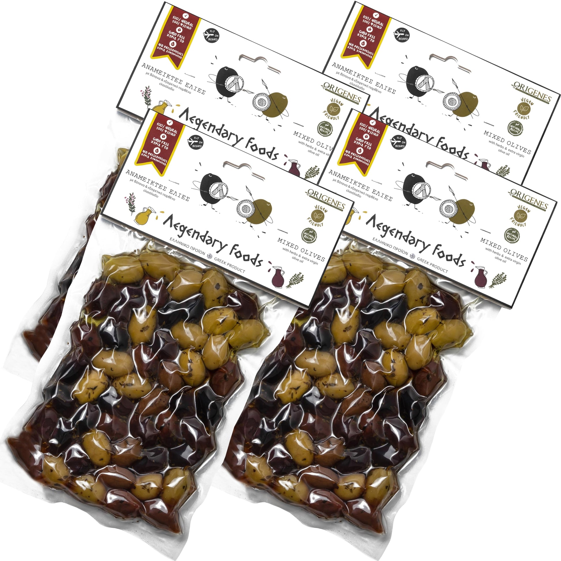 Pack Of 4 Mixed Olives In Vacuum, Black Kalamon Olives Mixed With Green Olives Marinated In Lemon Juice, With Savory Greek Orega