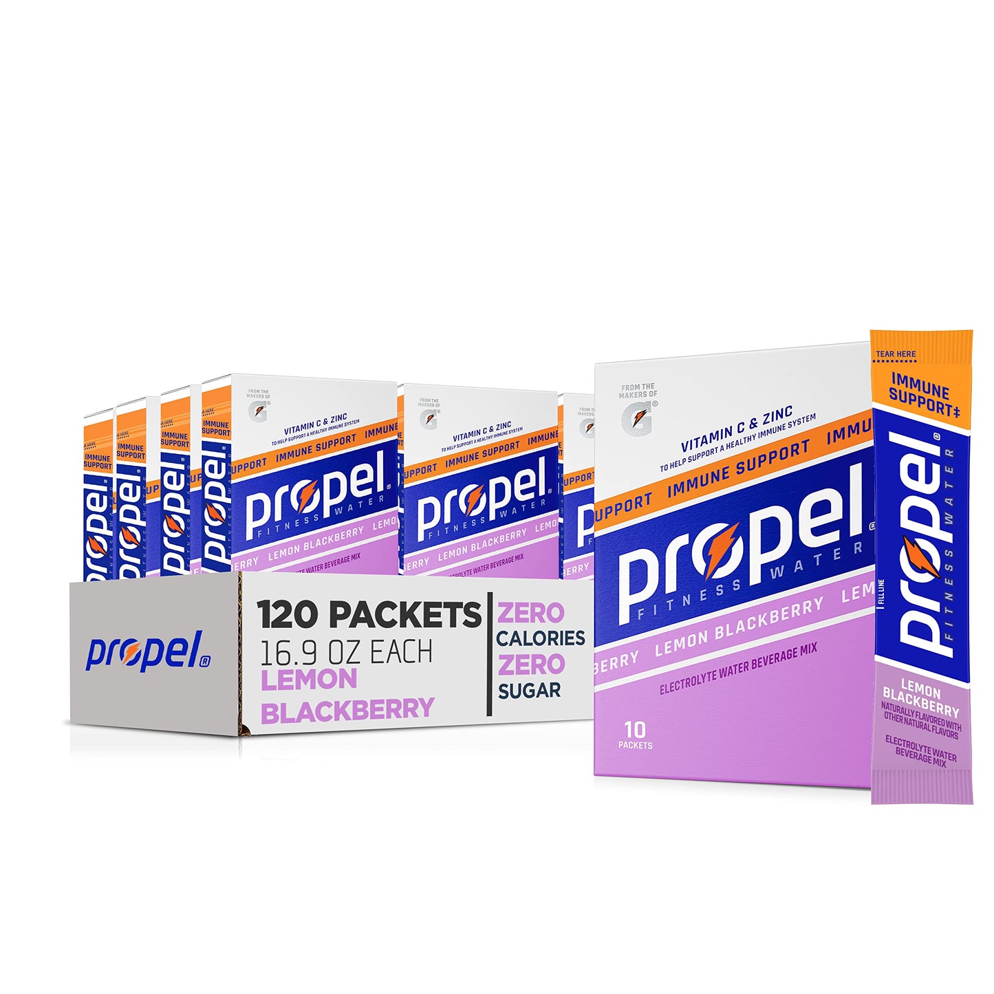 Propel Immune Support With Vitamin C + Zinc Powder Packets, Lemon Blackberry, 10 Count (Pack Of 12)