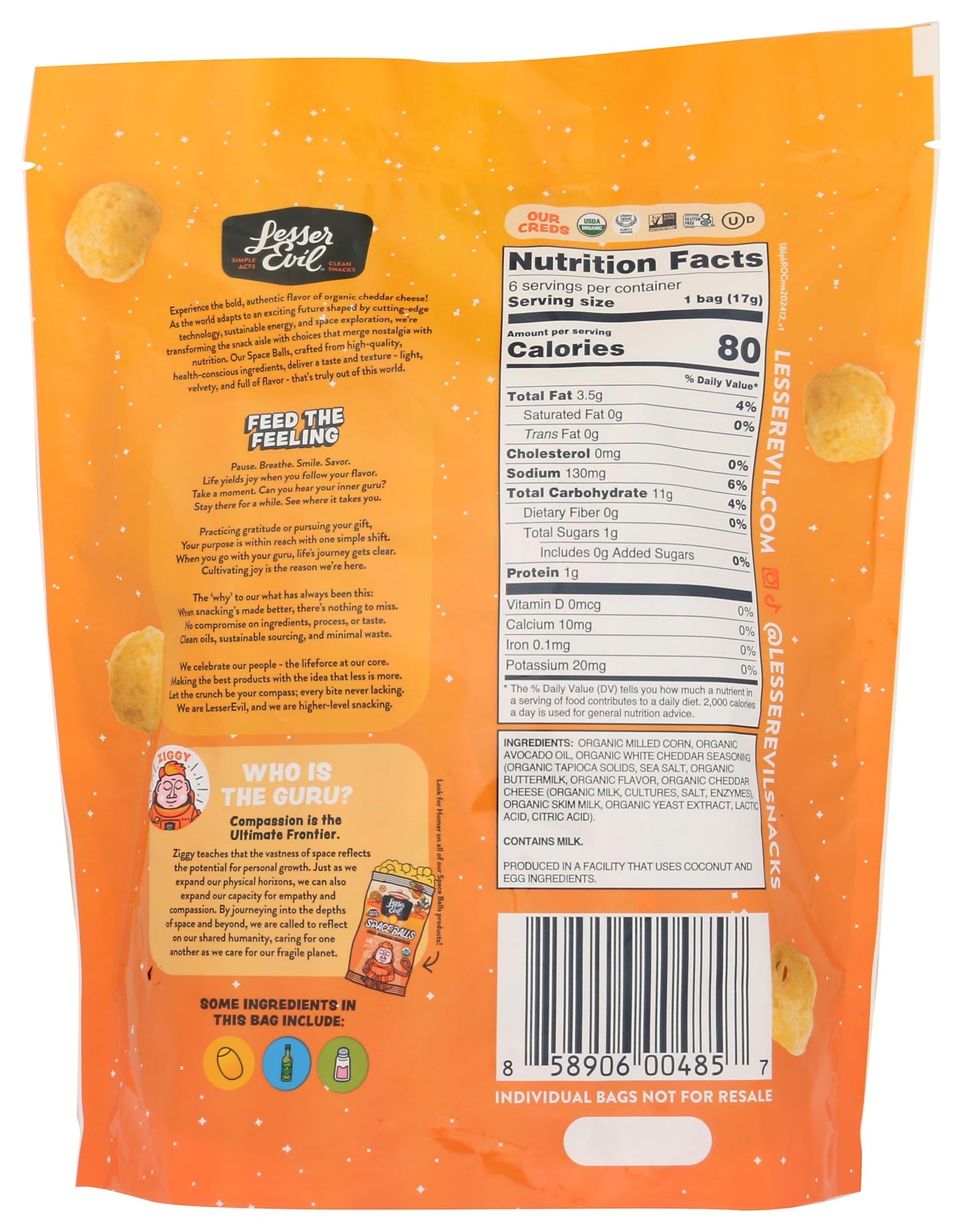 Lesserevil Organic Real Cheddar Space Ball Puffs Multipack  3.6 Oz