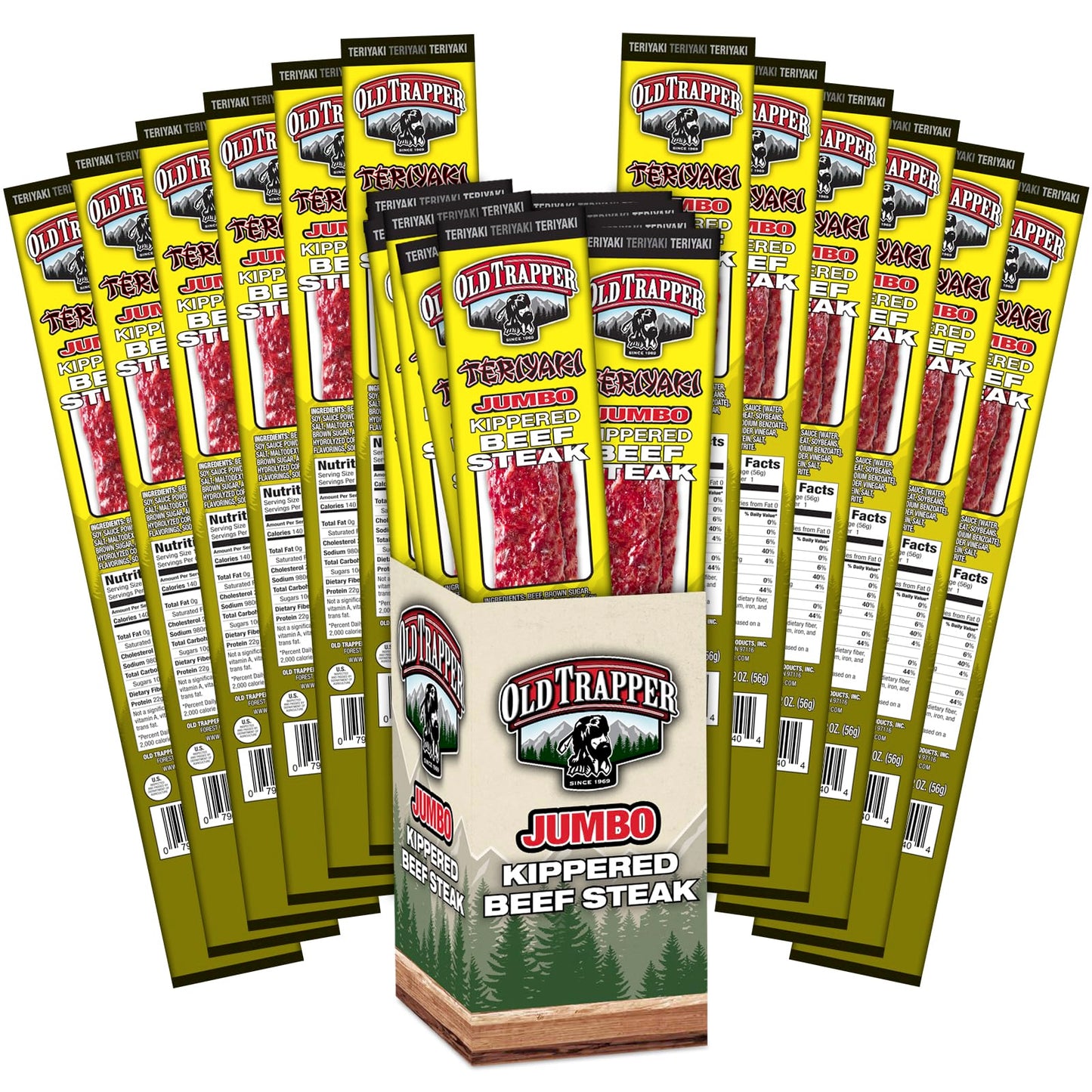Old Trapper Kippered Steak, Teriyaki Flavor, Two-Ounce Individually Wrapped Packages, Savory and Sweet Savory Meat Snack for Bet