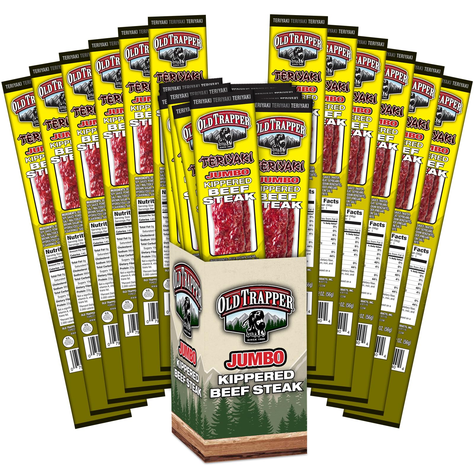 Old Trapper Kippered Steak, Teriyaki Flavor, Two-Ounce Individually Wrapped Packages, Savory and Sweet Savory Meat Snack for Bet