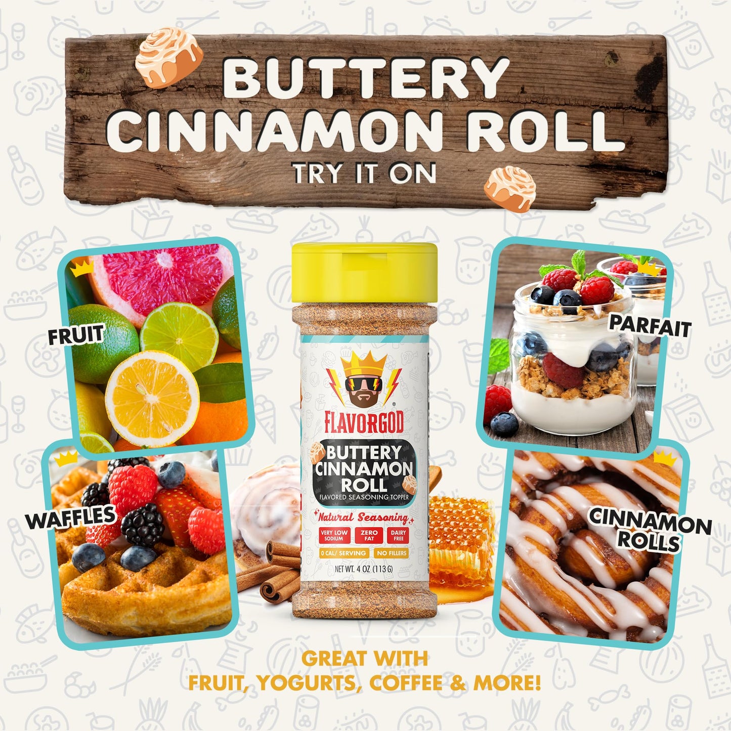 Flavor God 2 Bottles Buttery Cinnamon Roll Seasoning Topper Mix, Natural Healthy Blend, Bread, Pudding, Coffee Sprinkles, Oatmea