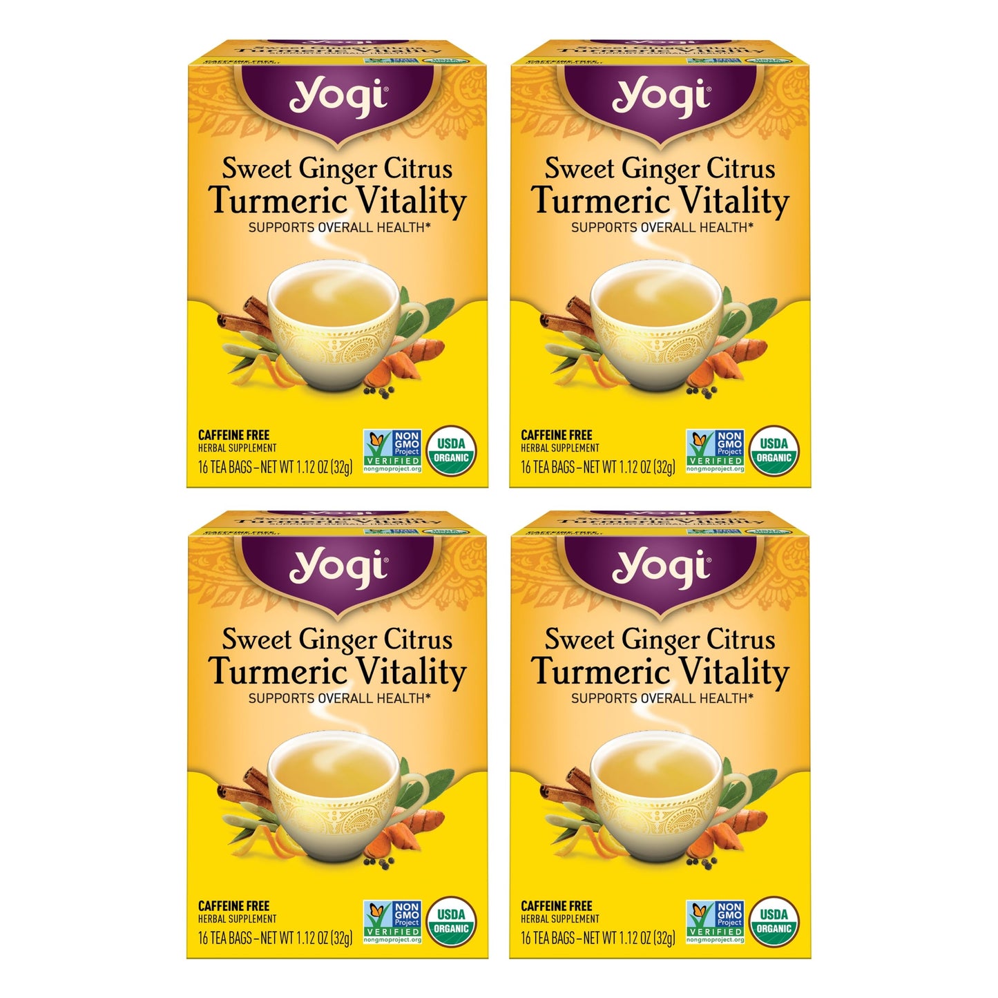 Yogi Tea Sweet Ginger Citrus Turmeric Vitality Tea - 16 Tea Bags Per Pack (4 Packs) - Organic Ginger Turmeric Tea - Supports Wel