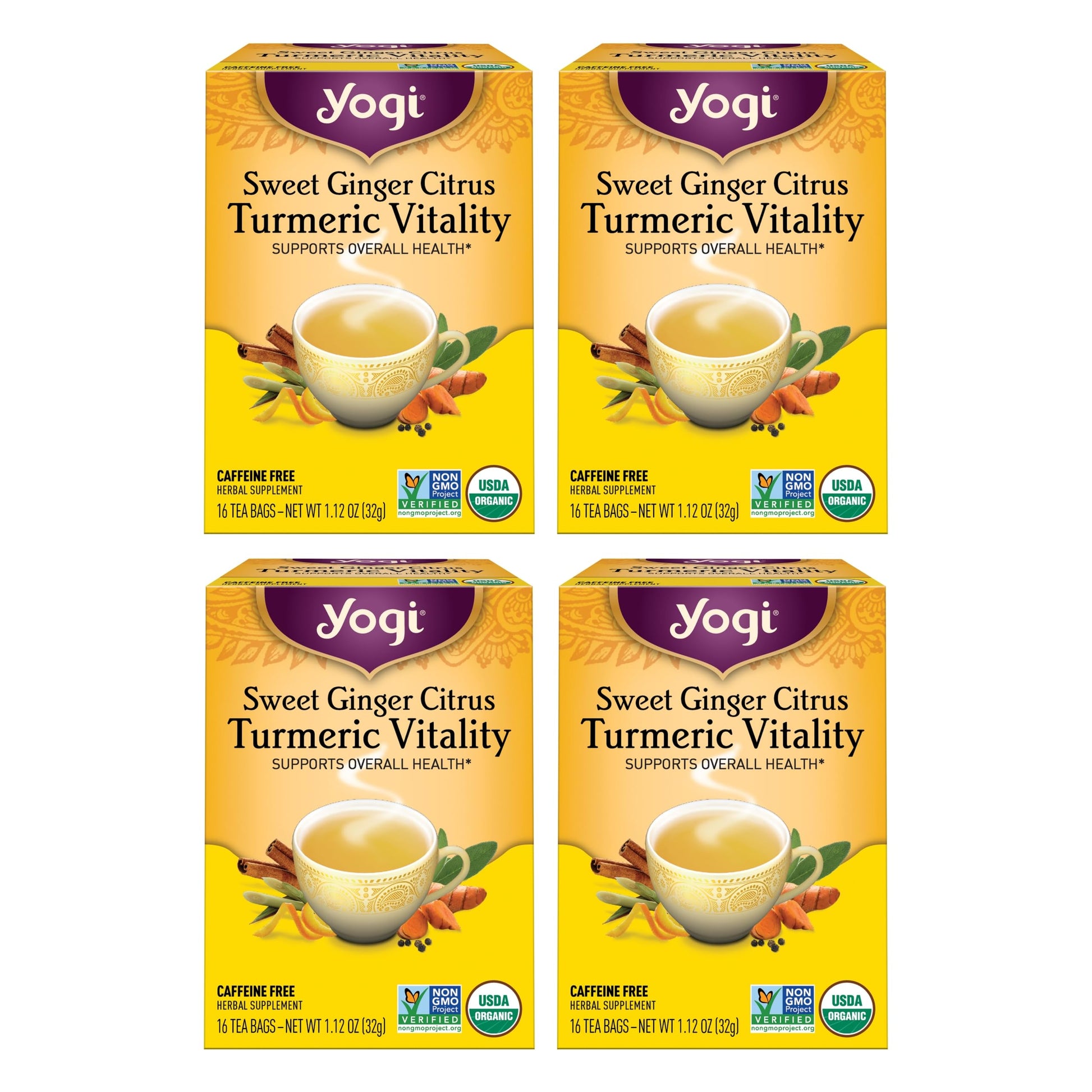 Yogi Tea Sweet Ginger Citrus Turmeric Vitality Tea - 16 Tea Bags Per Pack (4 Packs) - Organic Ginger Turmeric Tea - Supports Wel