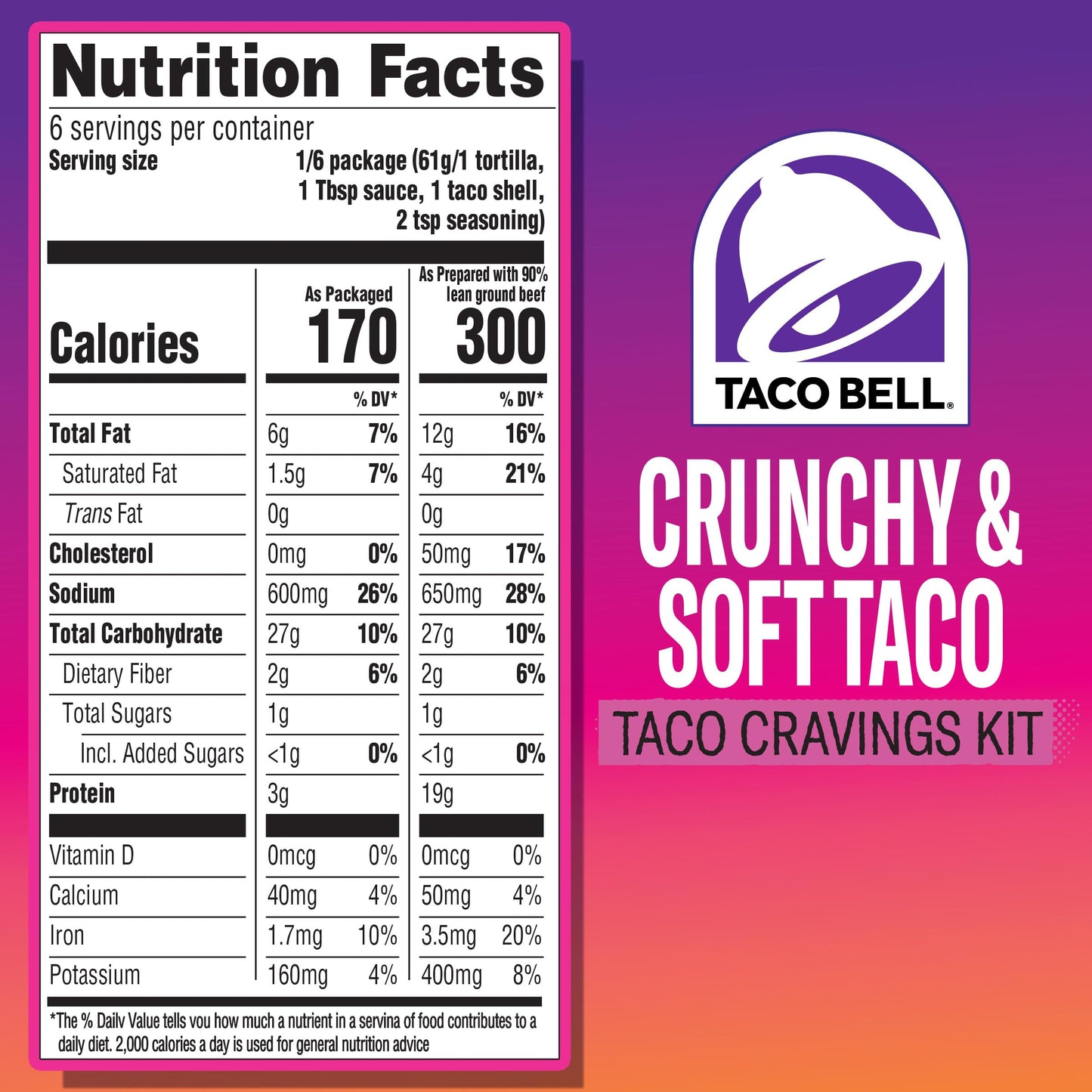 Taco Bell Crunchy & Soft Taco Cravings Kit with 6 Soft Tortillas, 6 Crunchy Taco Shells, Taco Bell Mild Sauce & Seasoning, 12.9