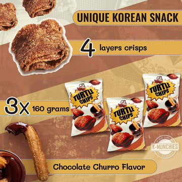 K-Munchies Orion Turtle Chips - 3 Packs Of 160-Gram Choco Churro Flavor Korean Chips - Sweet, Crispy, Korean Snacks With Hint Of