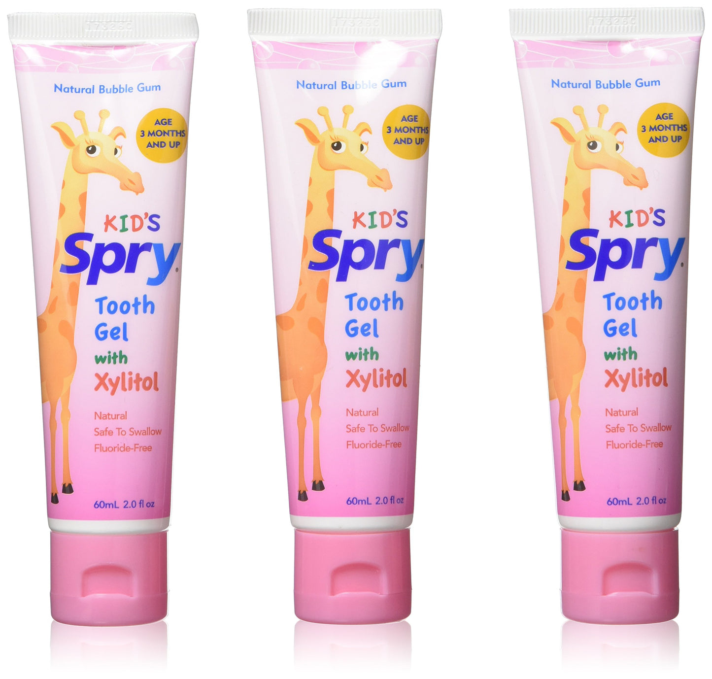 Spry Xylitol Baby Toothpaste, Natural Toddler Toothpaste, Fluoride Free Toothpaste For Kids, Xylitol Toothpaste For Kids Age 3 Months And Up, Tooth Gel Bubble Gum 2 Fl Oz (Pack Of 3)