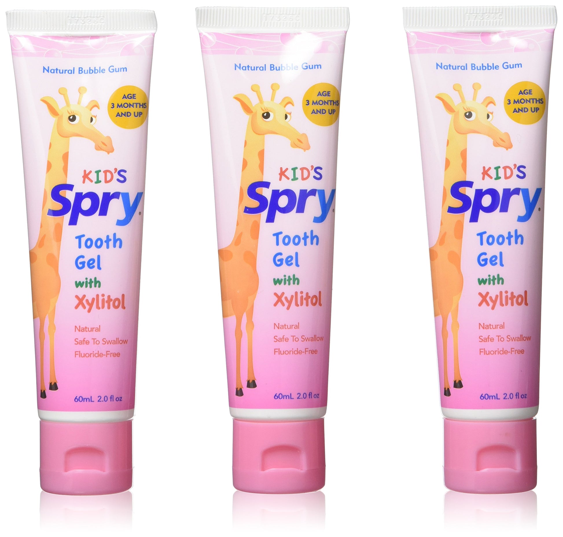 Spry Xylitol Baby Toothpaste, Natural Toddler Toothpaste, Fluoride Free Toothpaste For Kids, Xylitol Toothpaste For Kids Age 3 Months And Up, Tooth Gel Bubble Gum 2 Fl Oz (Pack Of 3)