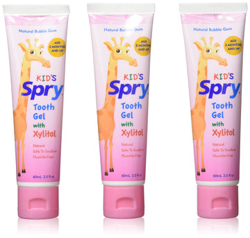 Spry Xylitol Baby Toothpaste, Natural Toddler Toothpaste, Fluoride Free Toothpaste For Kids, Xylitol Toothpaste For Kids Age 3 Months And Up, Tooth Gel Bubble Gum 2 Fl Oz (Pack Of 3)