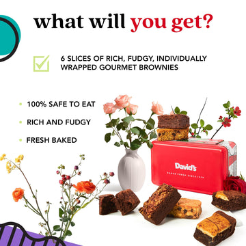 DAVIDS COOKIES Brownies Sweet Sampler Tin – 6 Rich Fudgy Slices, Individually Wrapped Gourmet   for Birthdays and All Occasions