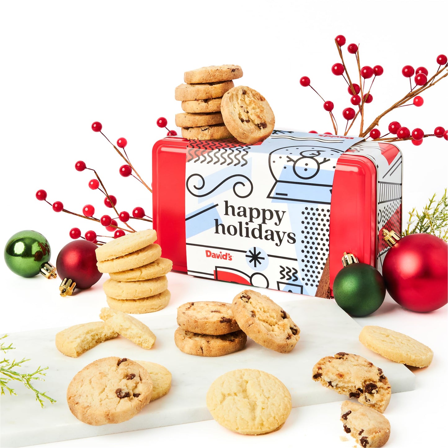 David’S Cookies Shortbread Cookies In Happy Holidays Gift Tin – Festive Holiday Cookie Sampler Gift Box For Christmas & Family Gatherings – Mini Scottish Butter And Chocolate Chip Shortbread