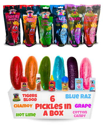 Jumbo Flavored Dill Pickles In A Pouch Sampler Gift Box (Pack of 6-Grape, Cotton Candy, Chamoy, Blue Raz, Tigers Blood, Hot Chil