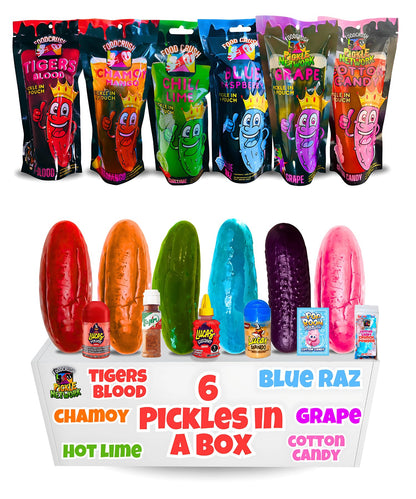 Jumbo Flavored Dill Pickles In A Pouch Sampler Gift Box (Pack of 6-Grape, Cotton Candy, Chamoy, Blue Raz, Tigers Blood, Hot Chil