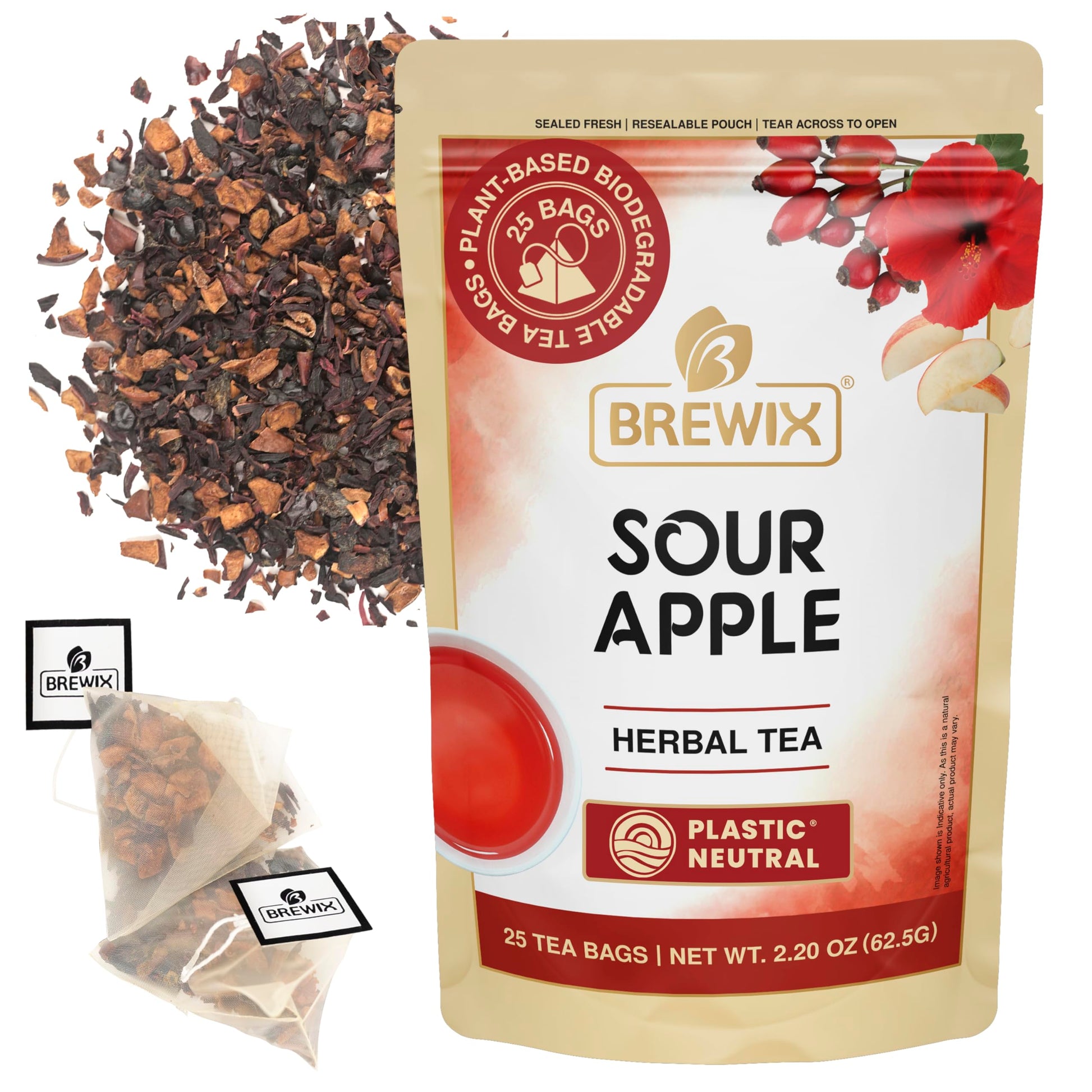 BREWIX Sour Apple Hibiscus Tea Bags, Caffeine-Free Herbal Tea, 25 Count, Refreshing Hot or Iced Brew