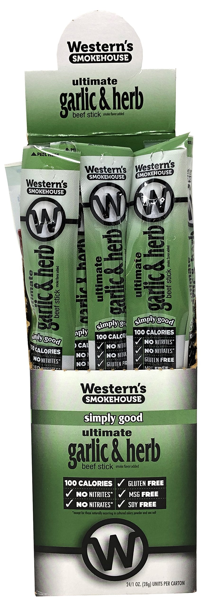 Westerns Smokehouse Garlic & Herb Jerky Meat Sticks, Gluten-Free, 1 Ounce (Pack of 24), 100 Calories, 8g Protein