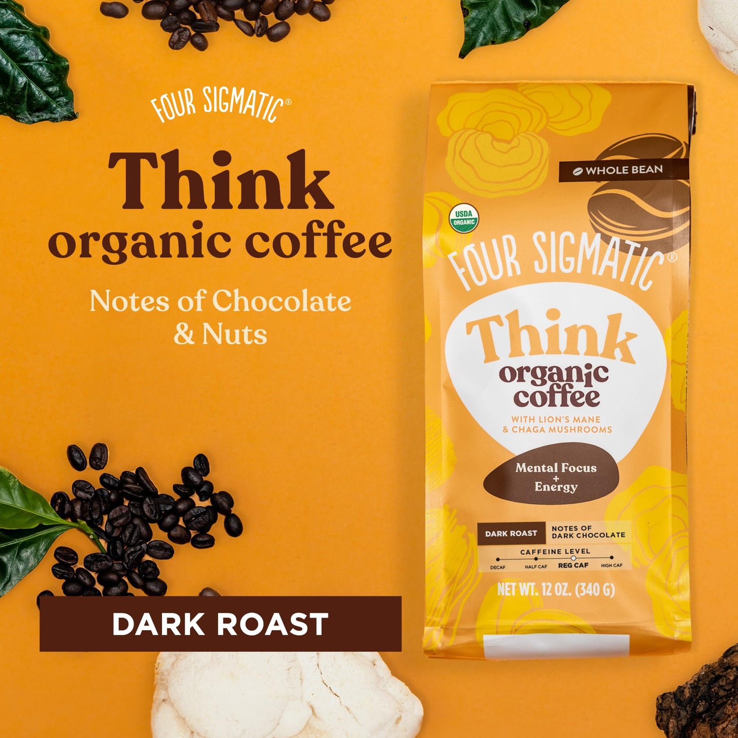 Dark Roast Organic Whole Bean Coffee By Four Sigmatic | Fair Trade Coffee Beans Coated With Lion'S Mane, Chaga Mushrooms | Nootr