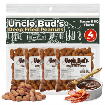Uncle Bud's Deep Fried Peanuts In Shell (4-Pack) | Bacon BBQ Flavored Peanuts, Organic Peanuts, Nuts Individual Packs, High Prot
