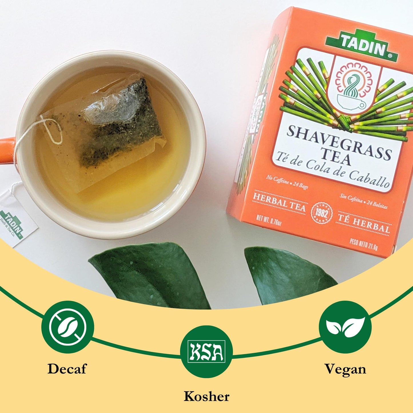 Tadin Shavegrass Tea - Herbal, Caffeine Free, 24 Tea Bags per Box, Pack of 6