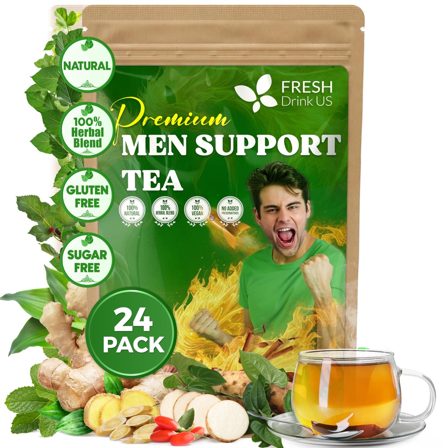 Freshdrinkus  24 Packs Of Top-Grade Herbal Support Tea - Flavor Blendseng Six Treasure Blend  9 Powerful Ingredients  10G/Bag - Men S Wellness Tea With Flavor Blendseng And Five Treasure Aid Root.