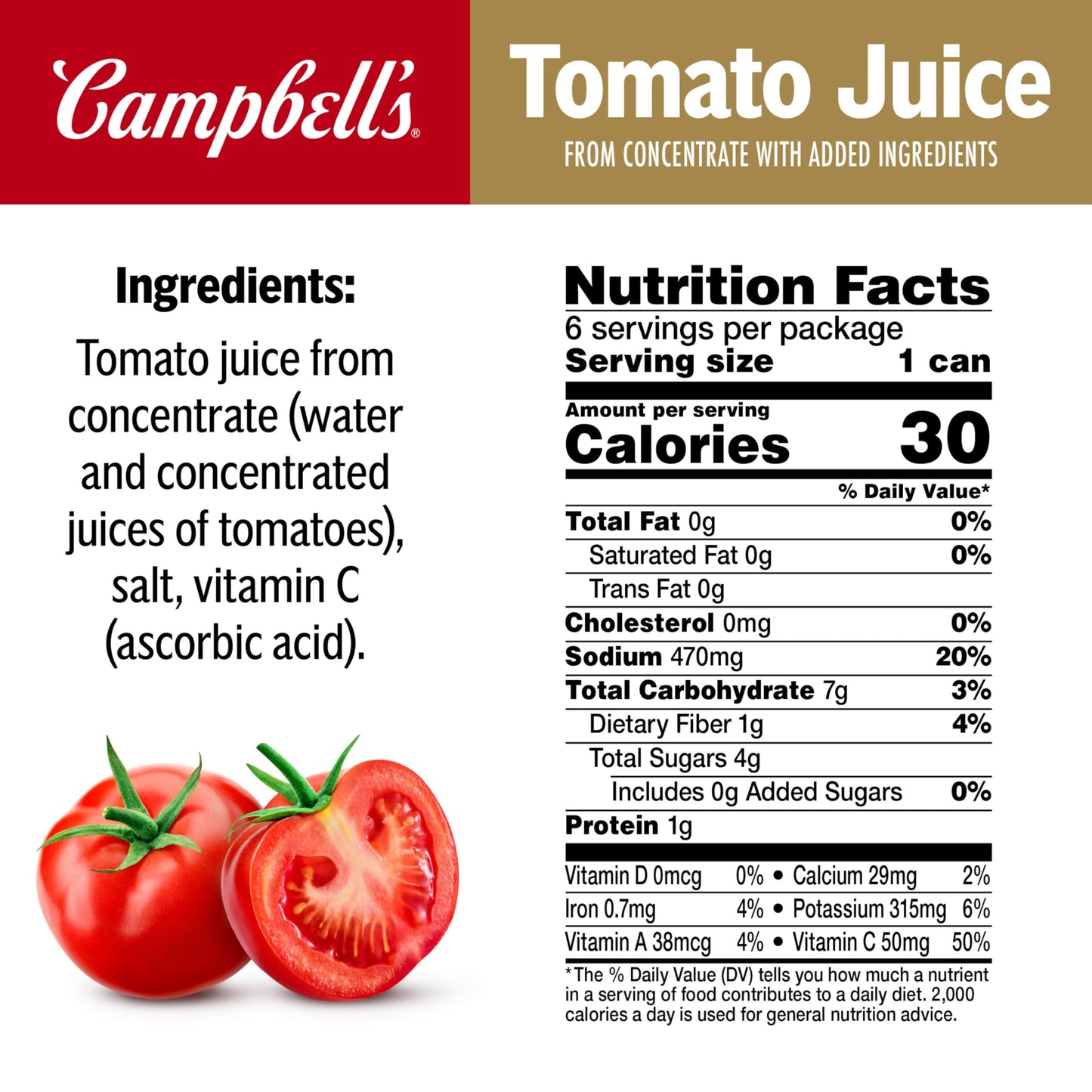 Campbells 100% Tomato Juice, 5.5 fl oz Can (6 Pack)